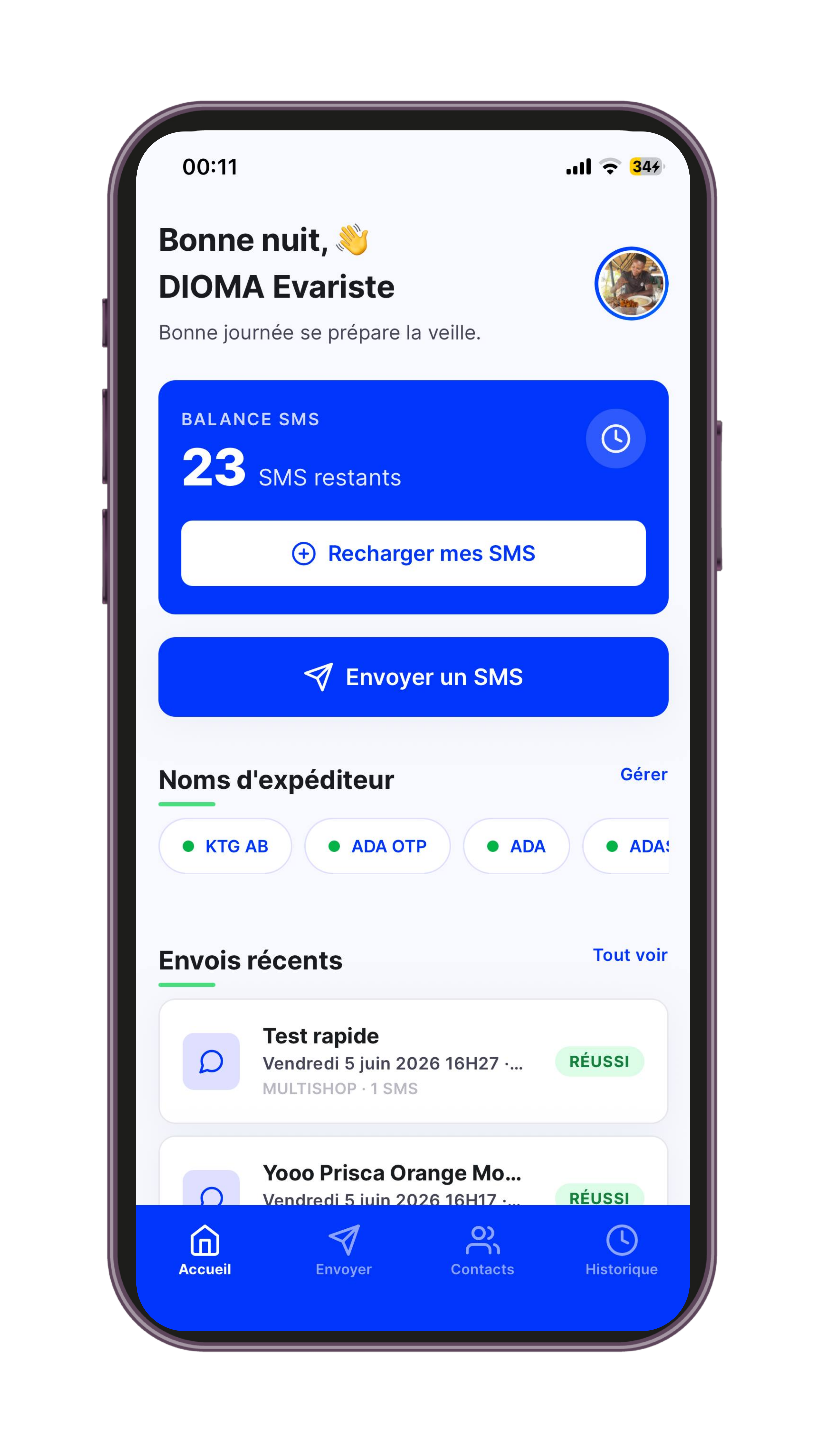 Aperçu de l'application BBG SMS sur smartphone